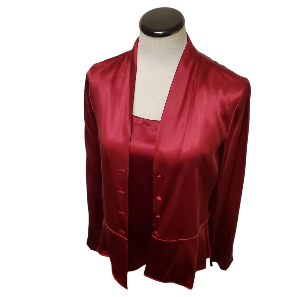 Eileen Fisher Set - Red Silk Jacket & Sleeveless Blouse - Sz Medium - Luxurious